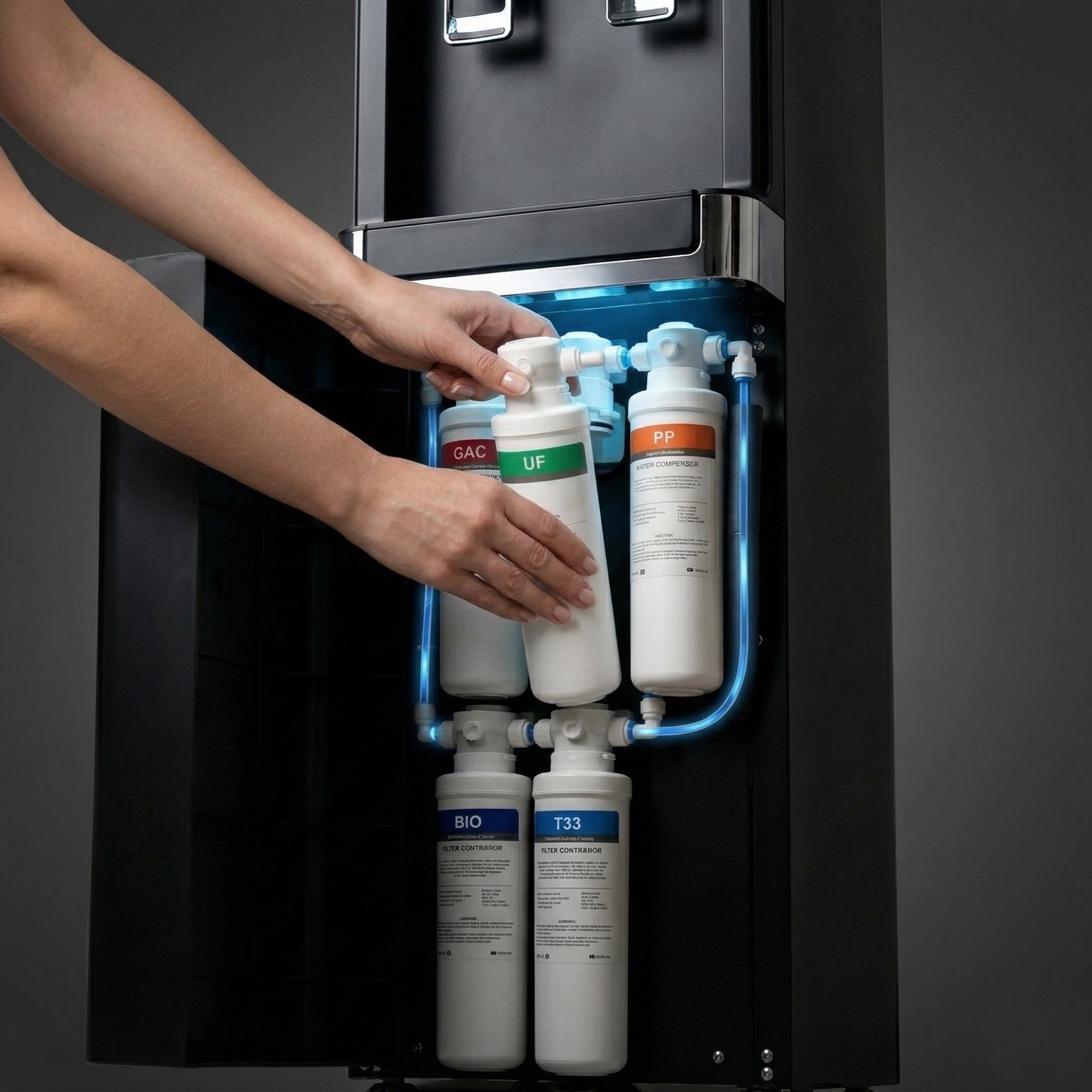 AEROVA 7-stage filter core — sediment, carbon block, RO membrane, UV-C sterilisation. No replaceable lõi lọc nước cartridges required.