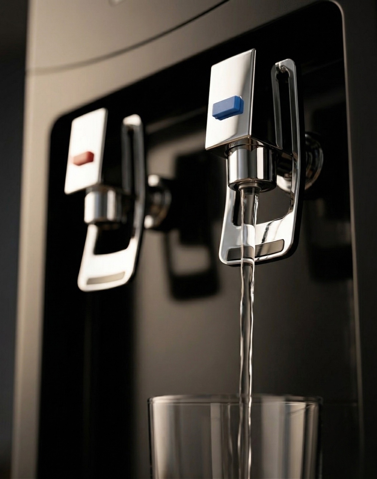 AEROVA hot cold water purifier for home — dual chrome taps dispensing 82°C hot and 6°C chilled alkaline water into a glass