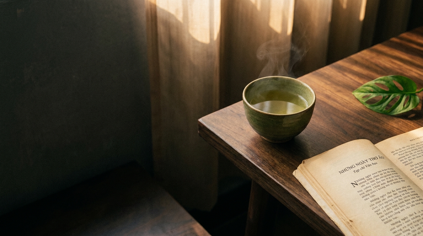 A quiet Vietnamese morning still life: tea, journal, and dawn light — exploring water quality in Vietnam and eco friendly water alternatives to plastic bottles