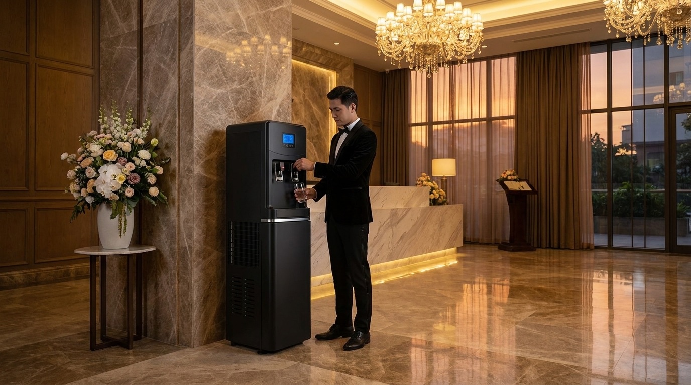 AEROVA dispenser positioned in a luxury Vietnamese hotel lobby with marble walls