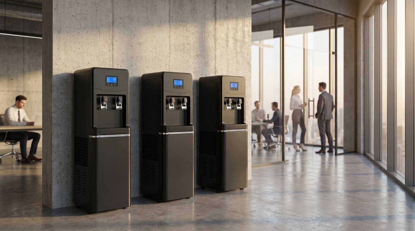Three AEROVA atmospheric water generator units installed in the break room of a modern Vietnamese office — máy lọc nước văn phòng