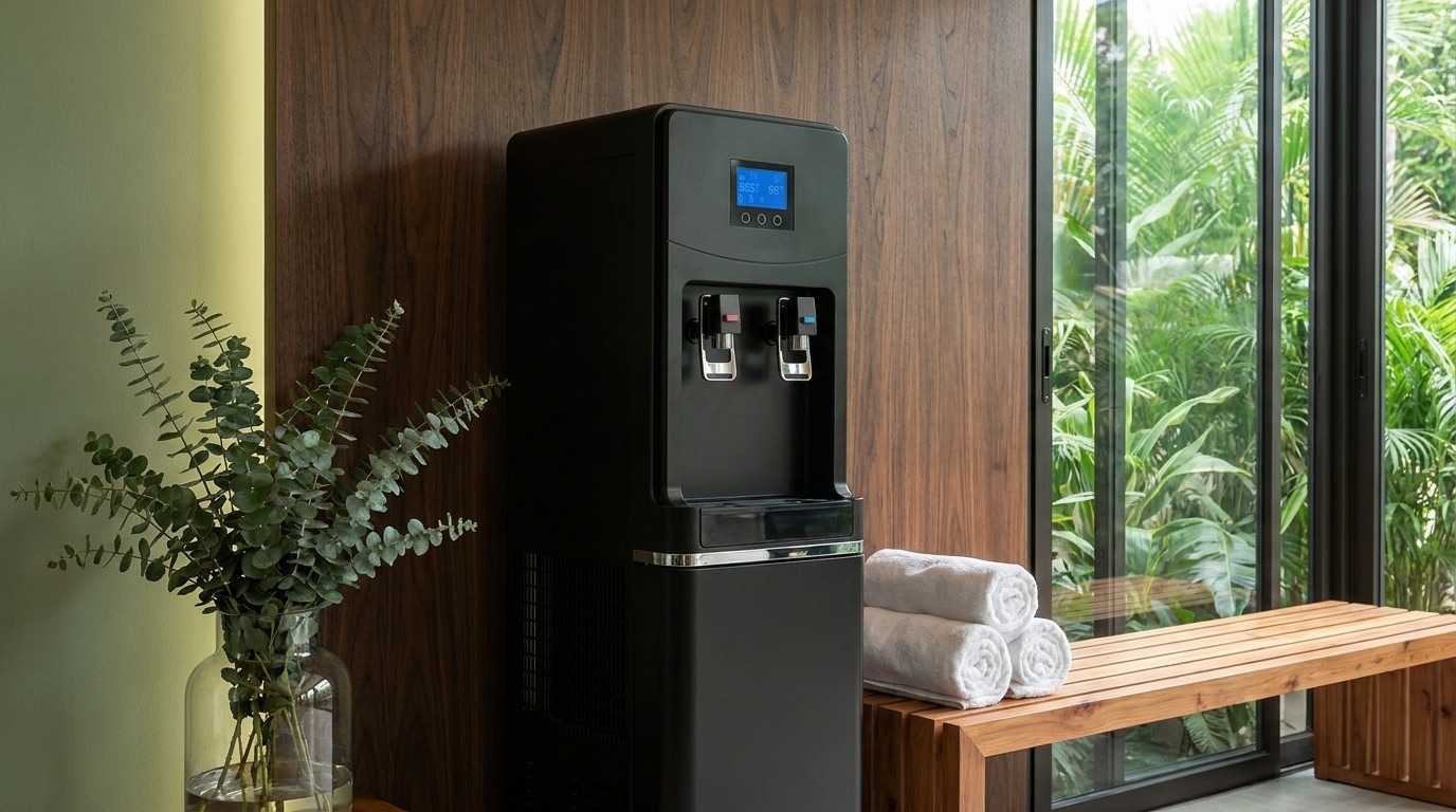 AEROVA atmospheric water generator installed in a high-end residential amenity space, delivering eco friendly water without plastic bottles