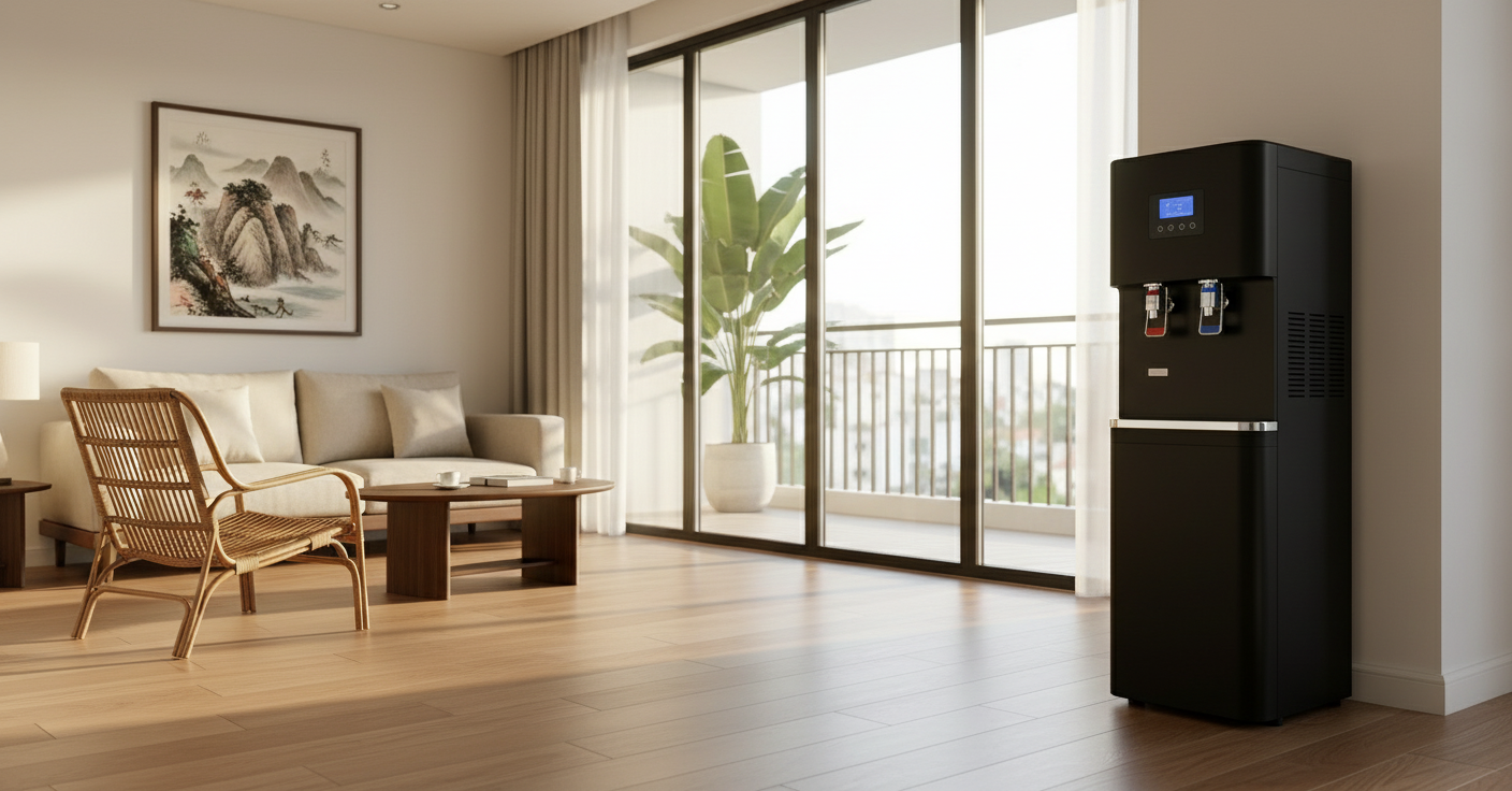 AEROVA LT-AWG20G atmospheric water generator in a modern Vietnamese home at morning