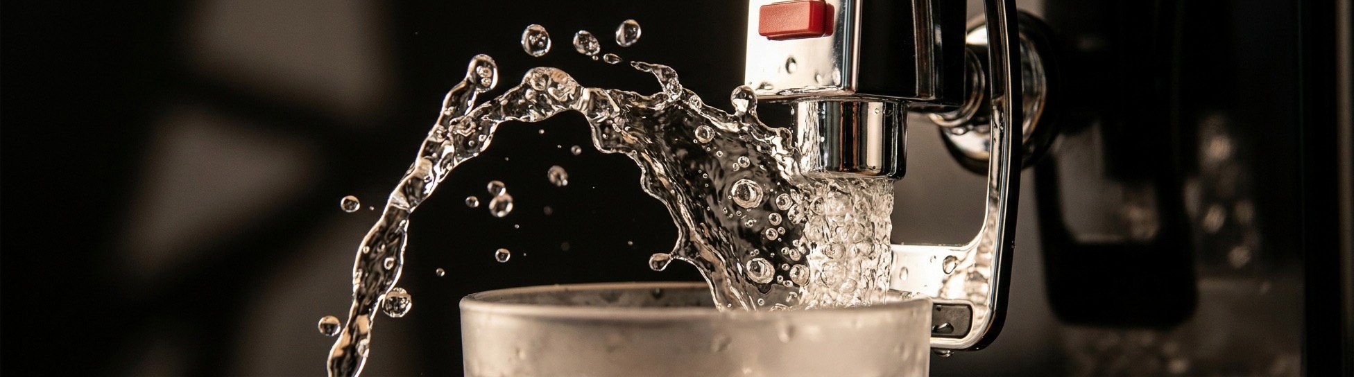 Pure plastic-free water cascading from the AEROVA chrome dispense lever — reduce plastic water bottles with atmospheric water generation